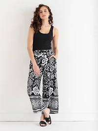 Linen Blend Wide Crop Pant Black Border Print
