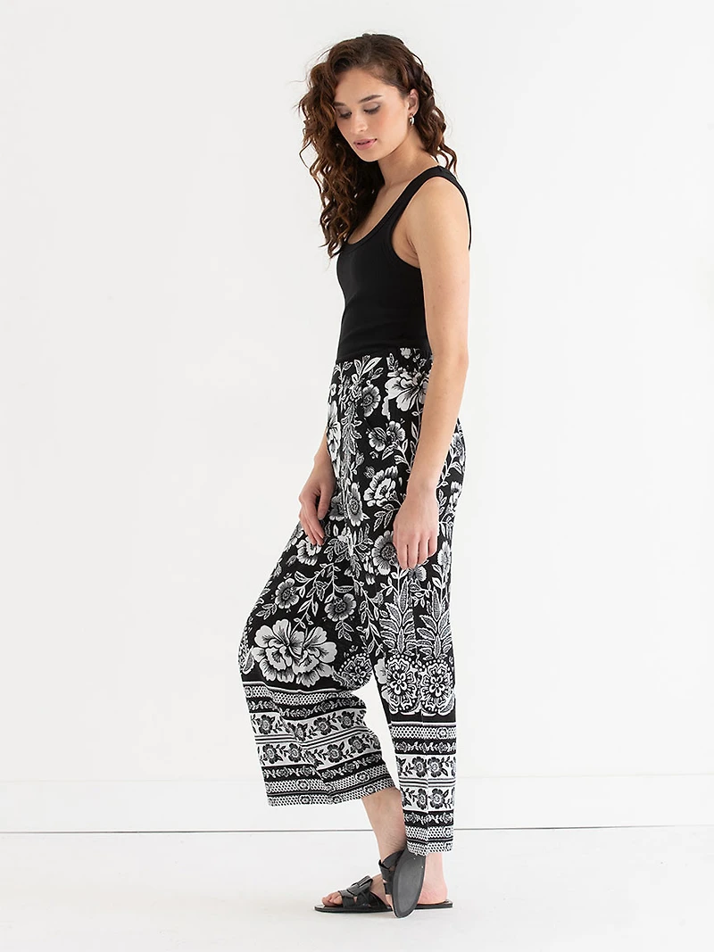 Linen Blend Wide Crop Pant Black Border Print