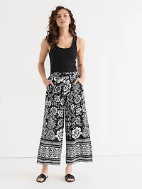 Linen Blend Wide Crop Pant Black Border Print