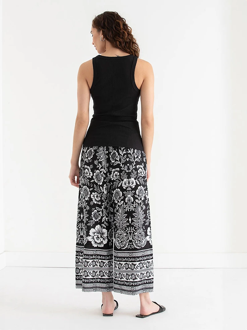 Linen Blend Wide Crop Pant Black Border Print