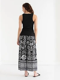 Linen Blend Wide Crop Pant Black Border Print