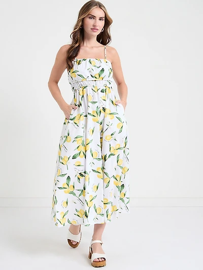 Strappy Smocked Poplin Midi Dress Lemon Print