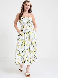 Strappy Smocked Poplin Midi Dress Lemon Print