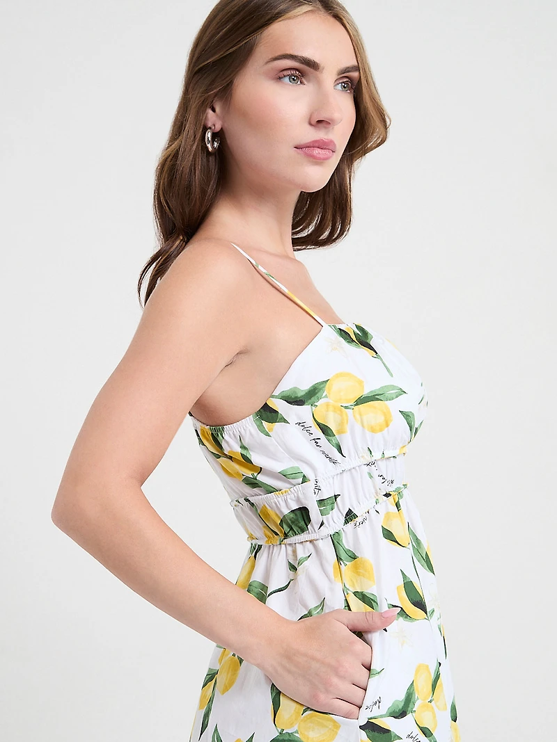 Strappy Smocked Poplin Midi Dress Lemon Print