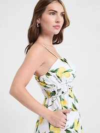 Strappy Smocked Poplin Midi Dress Lemon Print