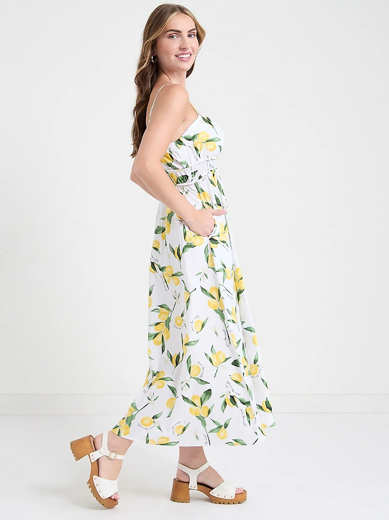 Strappy Smocked Poplin Midi Dress Lemon Print
