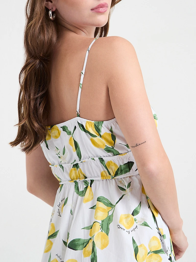 Strappy Smocked Poplin Midi Dress Lemon Print