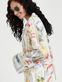 Long Sleeve Linen Blend Shirt Postcard Print