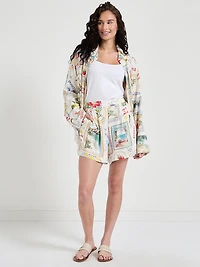 Long Sleeve Linen Blend Shirt Postcard Print