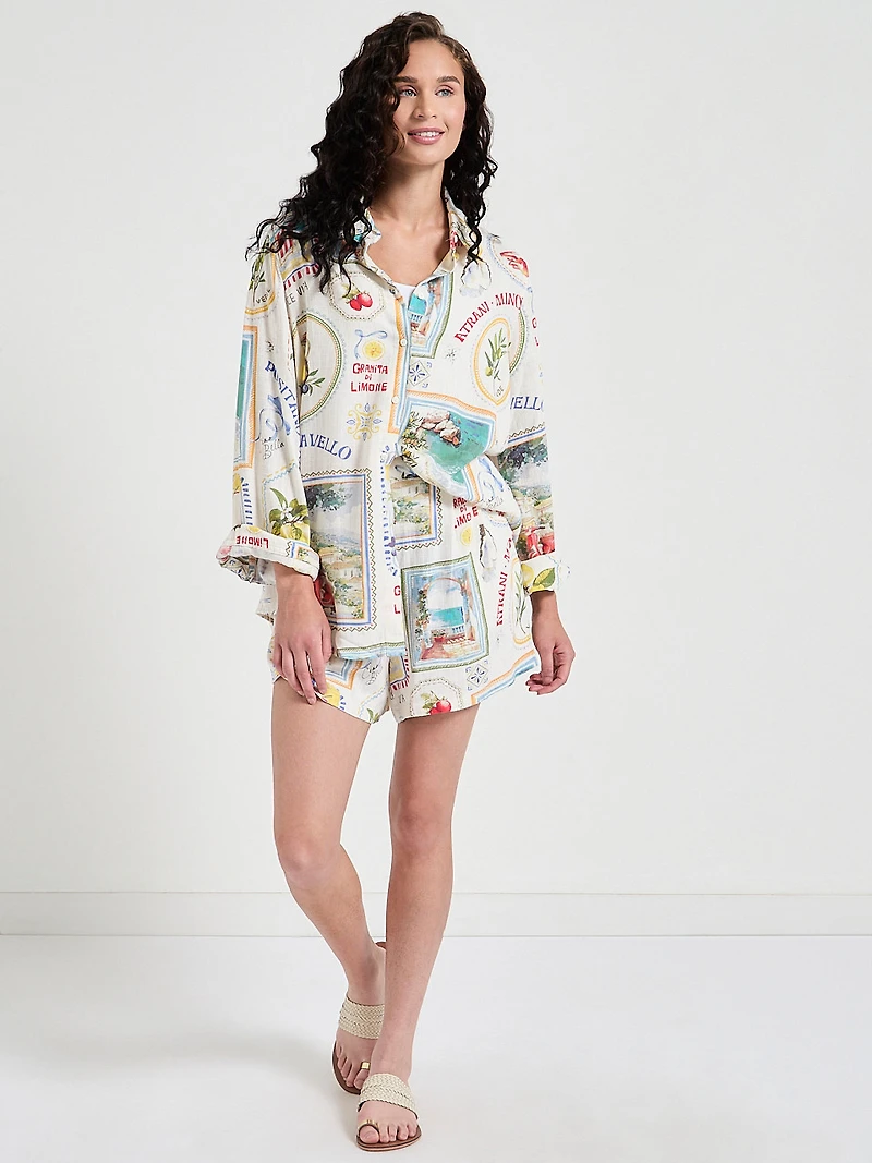 Long Sleeve Linen Blend Shirt Postcard Print