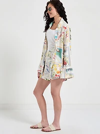 Long Sleeve Linen Blend Shirt Postcard Print
