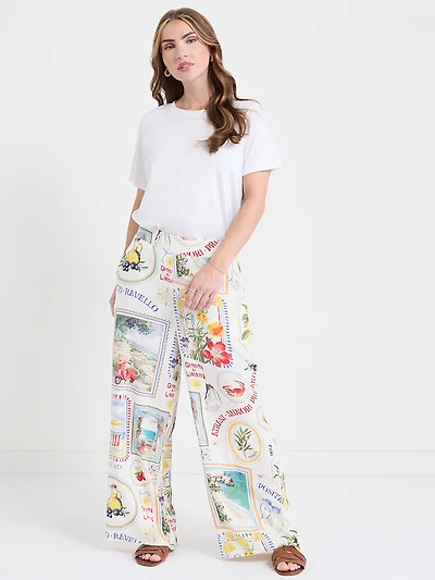 Linen Blend Wide Crop Pant Postcard Print