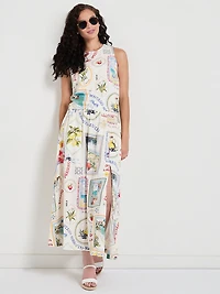 Linen Blend Midi Skirt Postcard Print