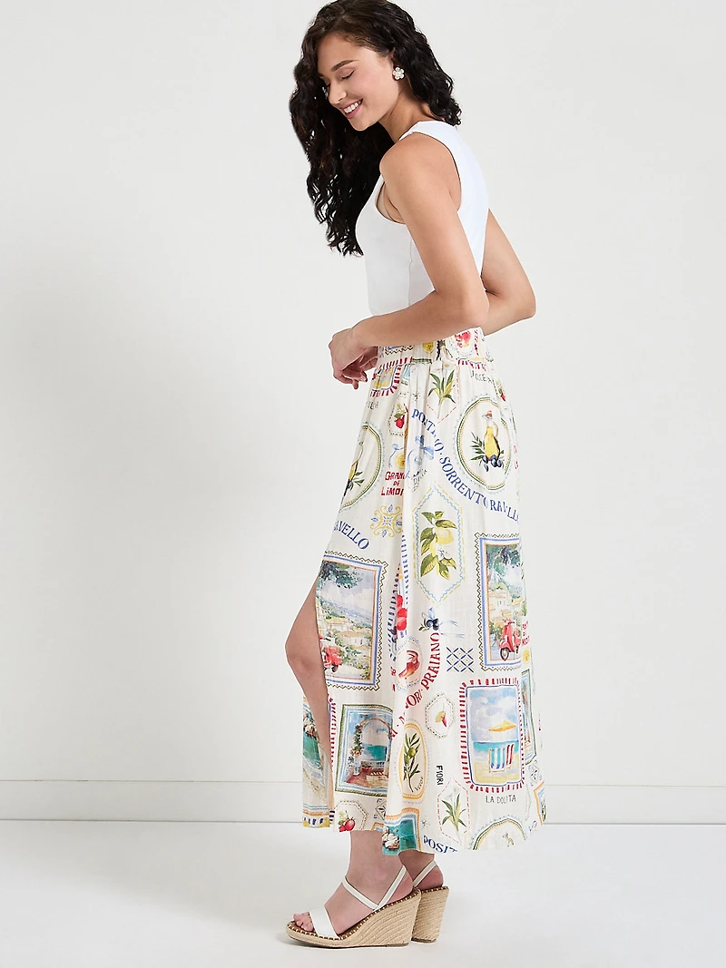 Linen Blend Midi Skirt Postcard Print