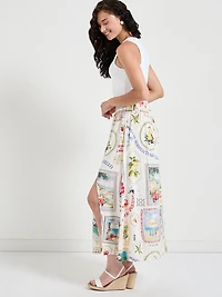 Linen Blend Midi Skirt Postcard Print