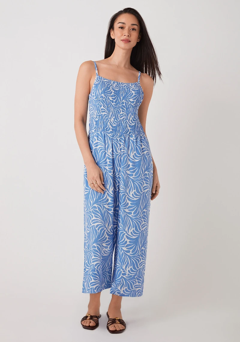 Linen Blend Smocked-Bodice Crop Jumpsuit