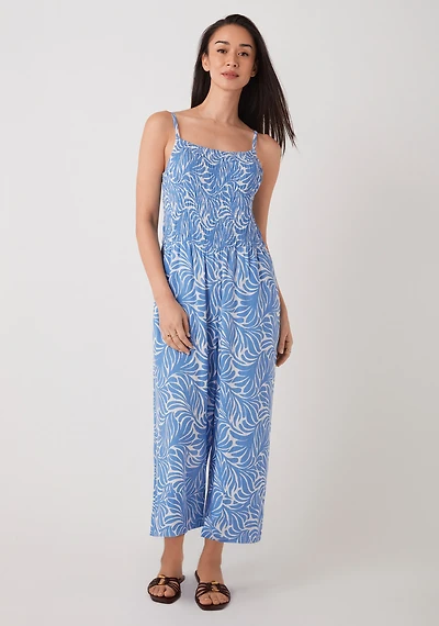 Linen Blend Smocked-Bodice Crop Jumpsuit