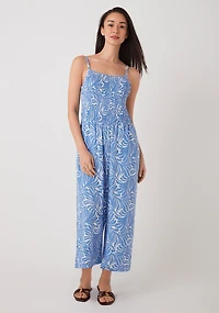 Linen Blend Smocked-Bodice Crop Jumpsuit