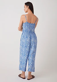 Linen Blend Smocked-Bodice Crop Jumpsuit