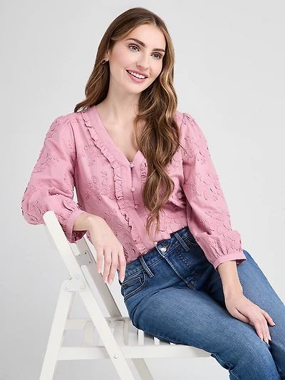 3/4 Sleeve Cotton Ruffle Blouse
