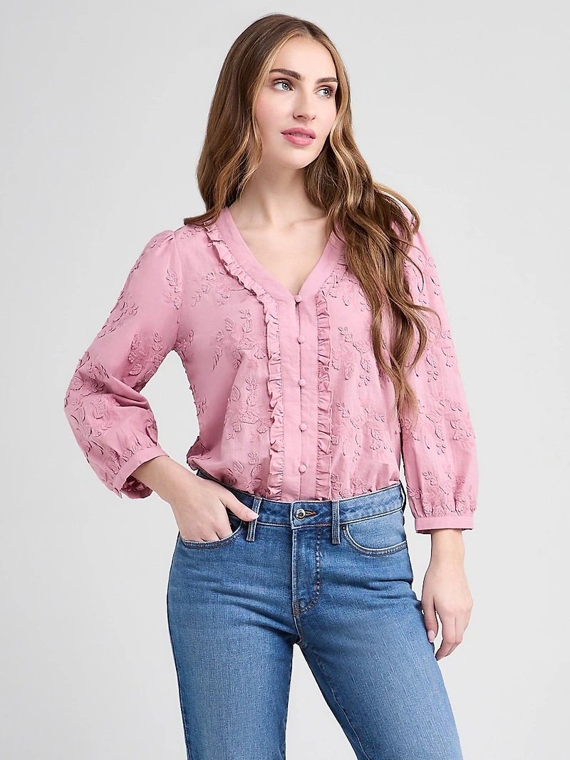 3/4 Sleeve Cotton Ruffle Blouse