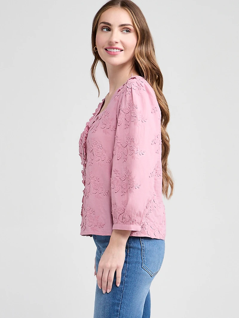 3/4 Sleeve Cotton Ruffle Blouse