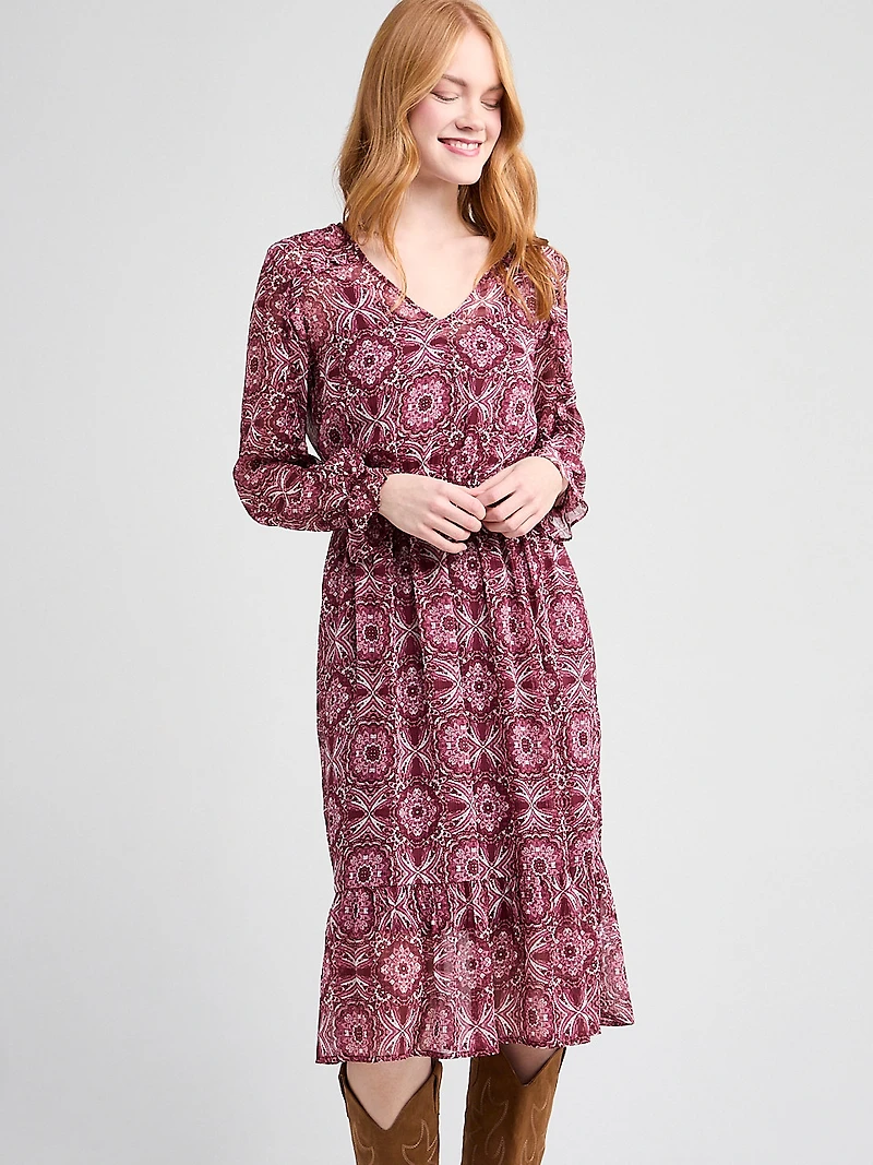 Chiffon V-Neck Ruffle Midi Dress