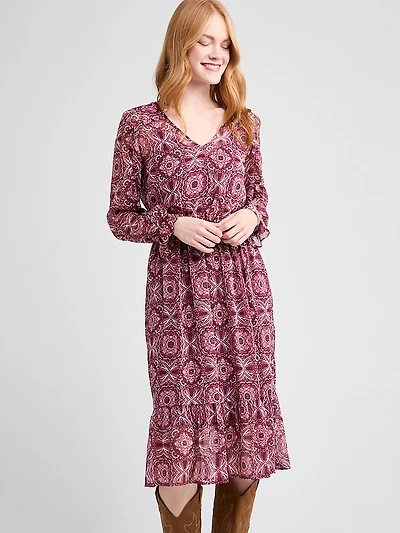 Chiffon V-Neck Ruffle Midi Dress
