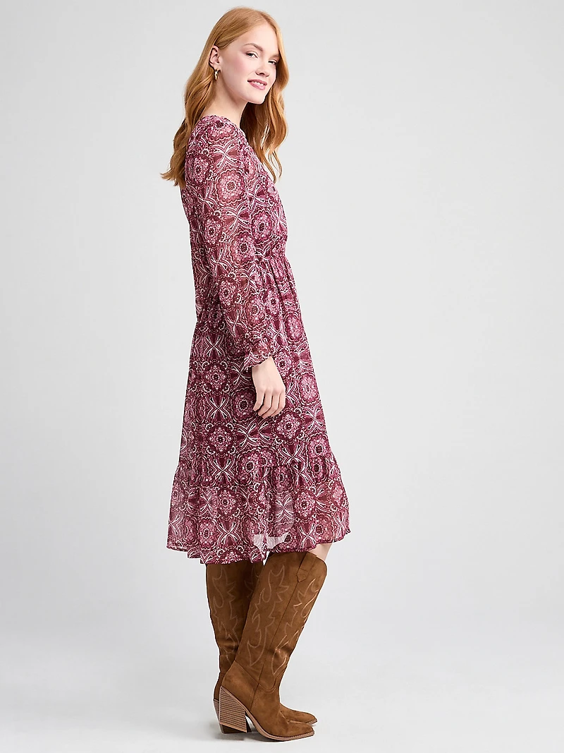 Chiffon V-Neck Ruffle Midi Dress