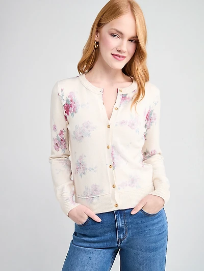 Crewneck Button Front Printed Cardi