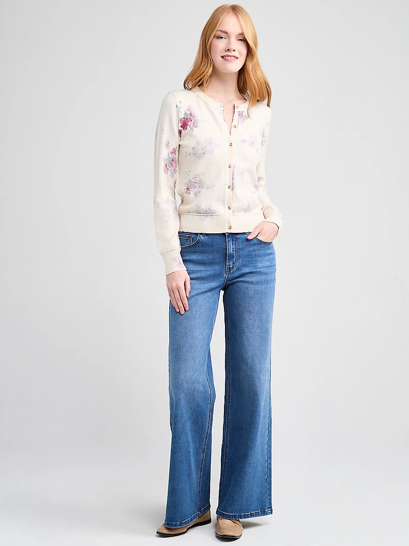 Crewneck Button Front Printed Cardi