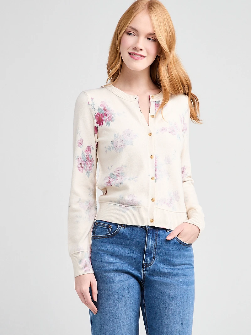 Crewneck Button Front Printed Cardi