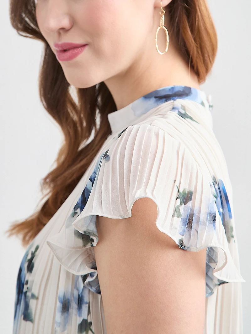 Flutter-Sleeve Pleated Blouse