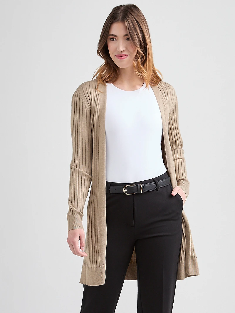 Long Open-Front Ribbed Cardigan