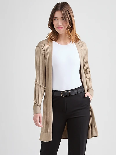 Long Open-Front Ribbed Cardigan