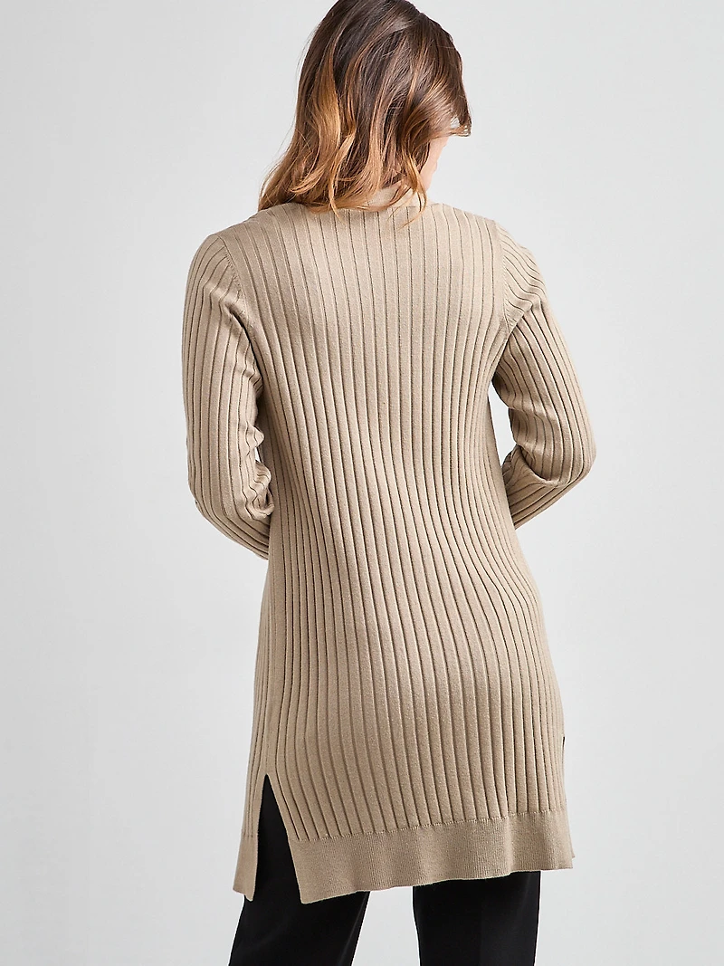Long Open-Front Ribbed Cardigan