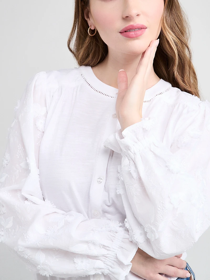 Long Sleeve Cotton Voile Blouse with Knit Body