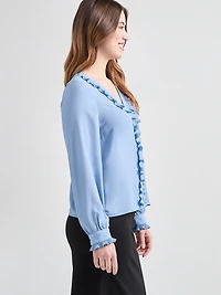 Long Sleeve Ruffle Detail Pleated Blouse