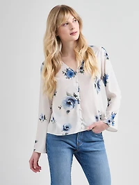 Long Sleeve V-Neck Button Blouse
