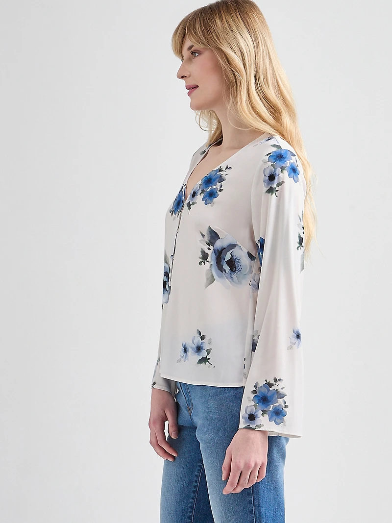 Long Sleeve V-Neck Button Blouse