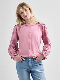 Long-Sleeved Cotton Voile Blouse with Knit Body
