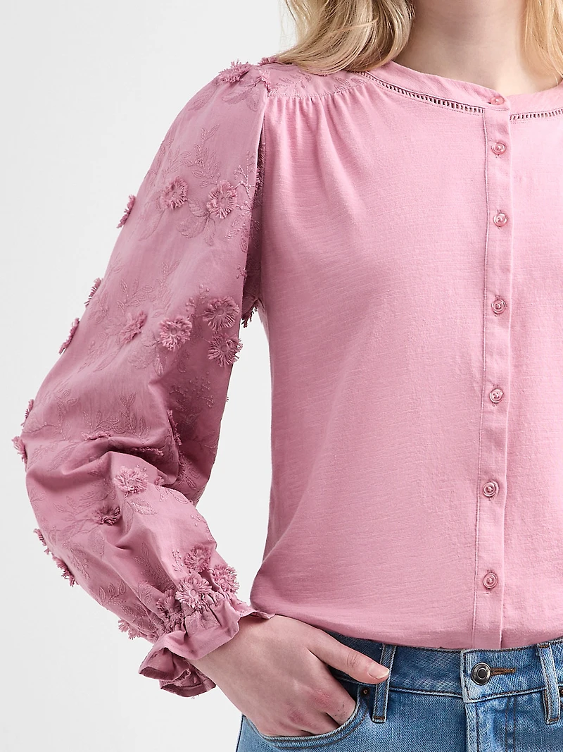 Long-Sleeved Cotton Voile Blouse with Knit Body