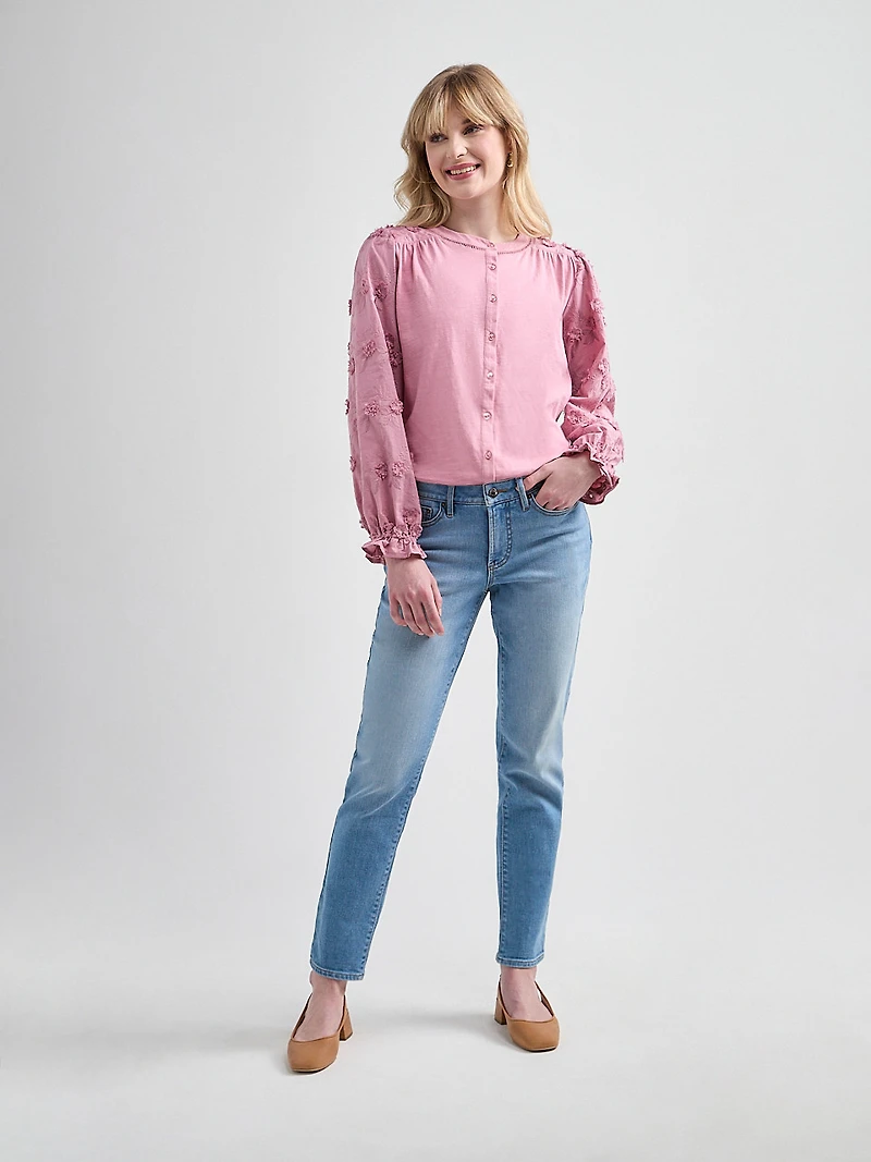 Long-Sleeved Cotton Voile Blouse with Knit Body