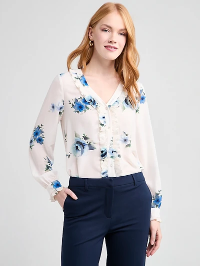 Long-Sleeved Pleated Blouse