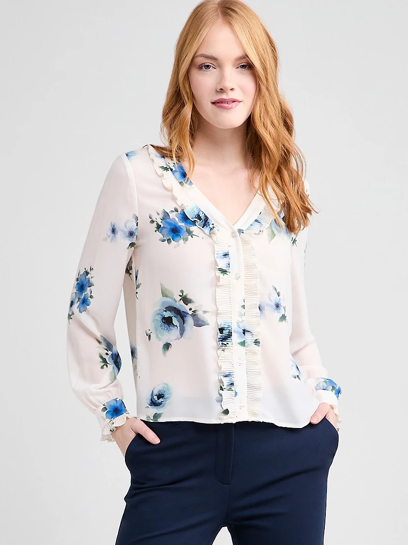 Long-Sleeved Pleated Blouse