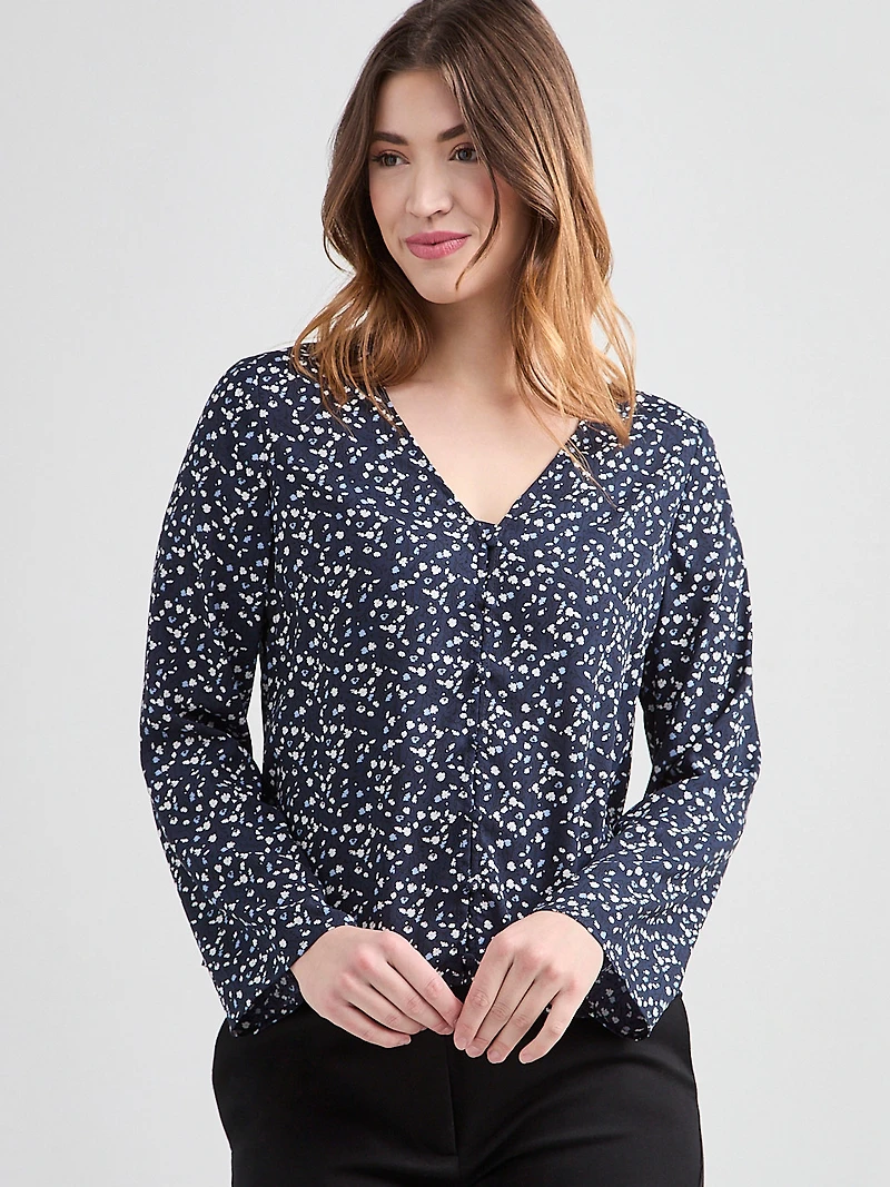 Long-Sleeved V-Neck Button Blouse