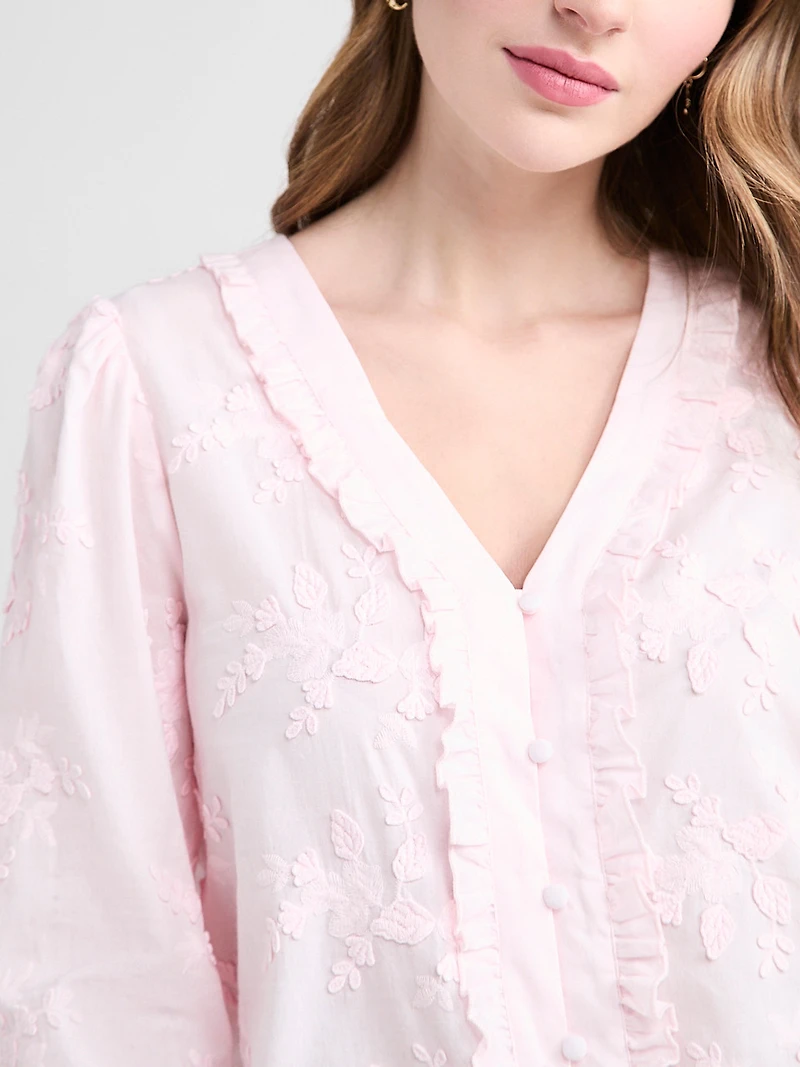 Ruffled Cotton Blouse with 3/4 Sleeves