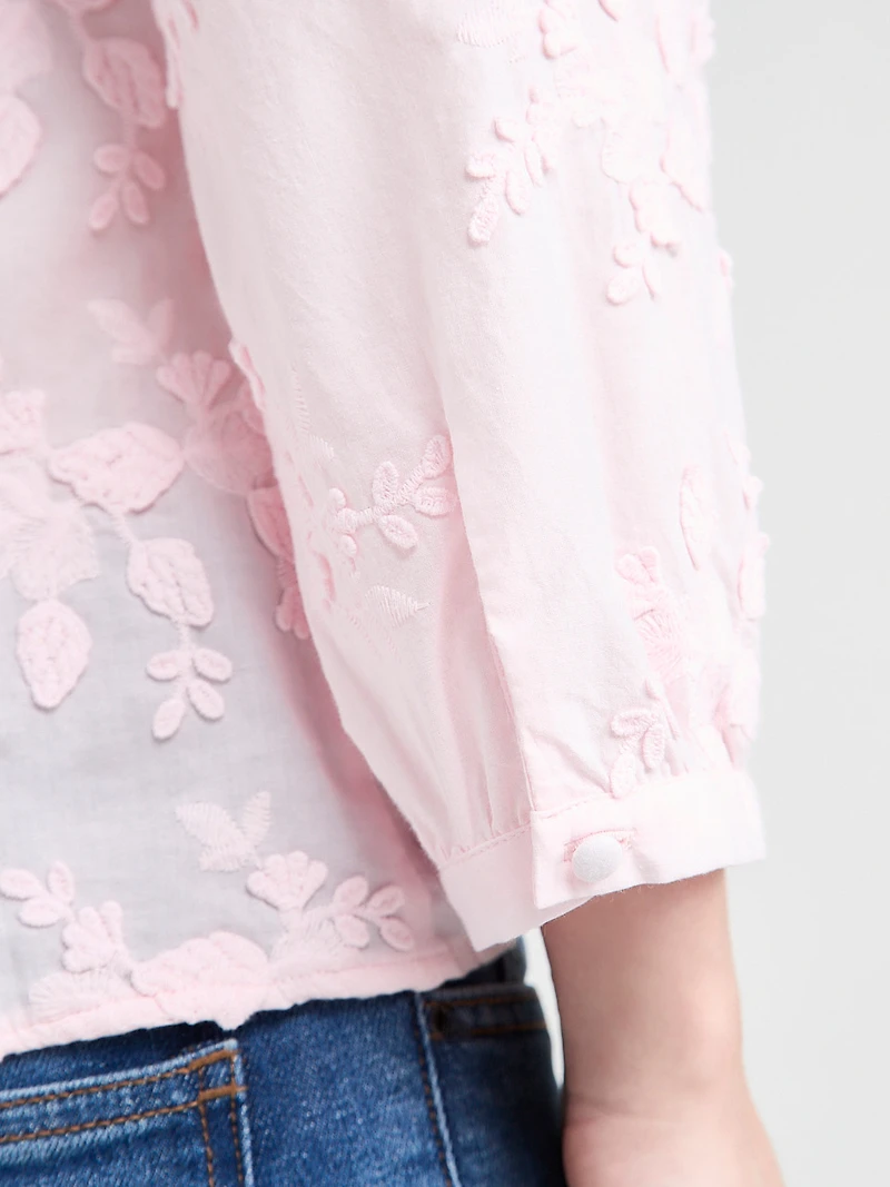 Ruffled Cotton Blouse with 3/4 Sleeves