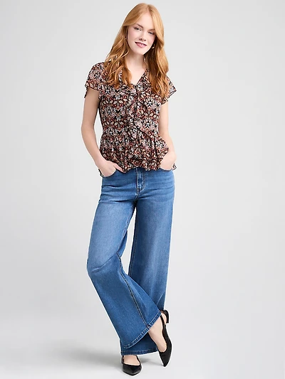 Short Flutter Sleeve Blouse Boho Ditsy