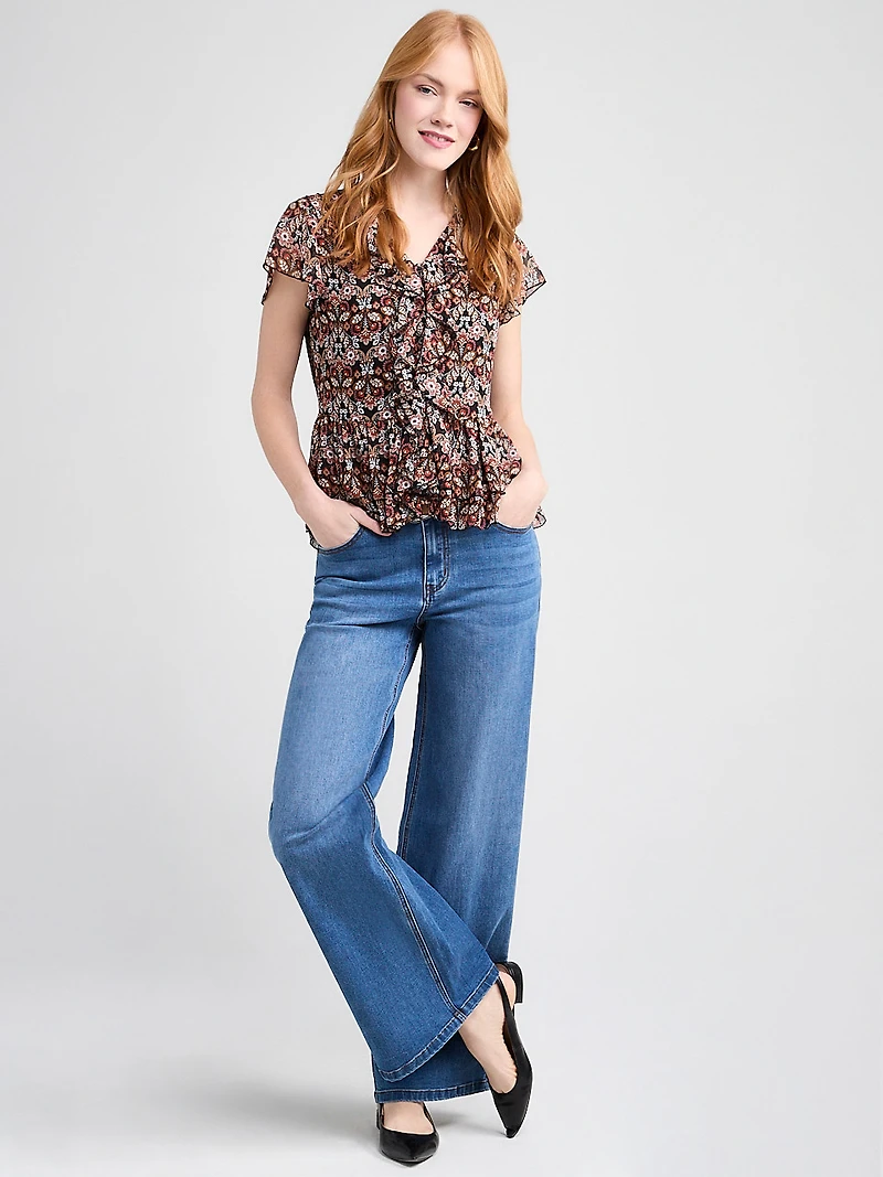 Short Flutter Sleeve Blouse Boho Ditsy